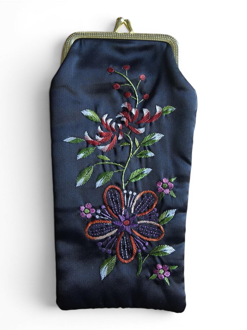 Vintage Black Silk Clutch Floral Embroidery Red Lining Gold Kiss Lock Bag
